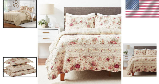 Authentic Patchwork Antique Rose Quilt Set in Ecru for Stylish Full/Queen Beds