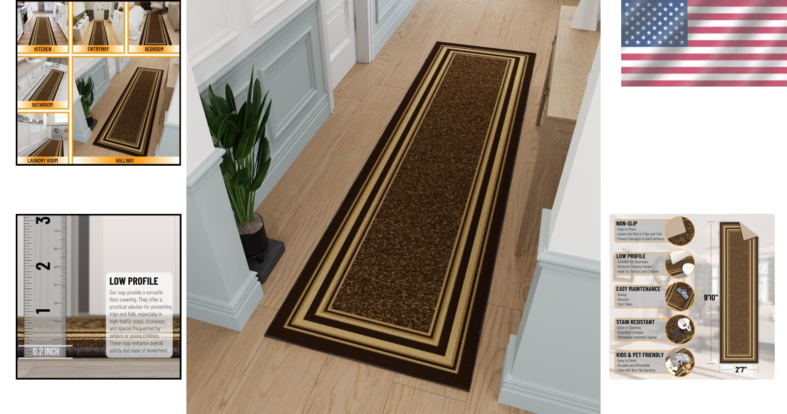 Non-Slip Brown Polypropylene Runner Rug 2'7" x 9'10" for High Traffic Areas