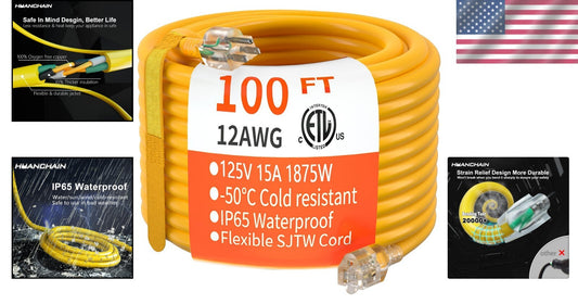100 ft Lighted Outdoor Extension Cord | 12/3 Gauge for All Weather Applications