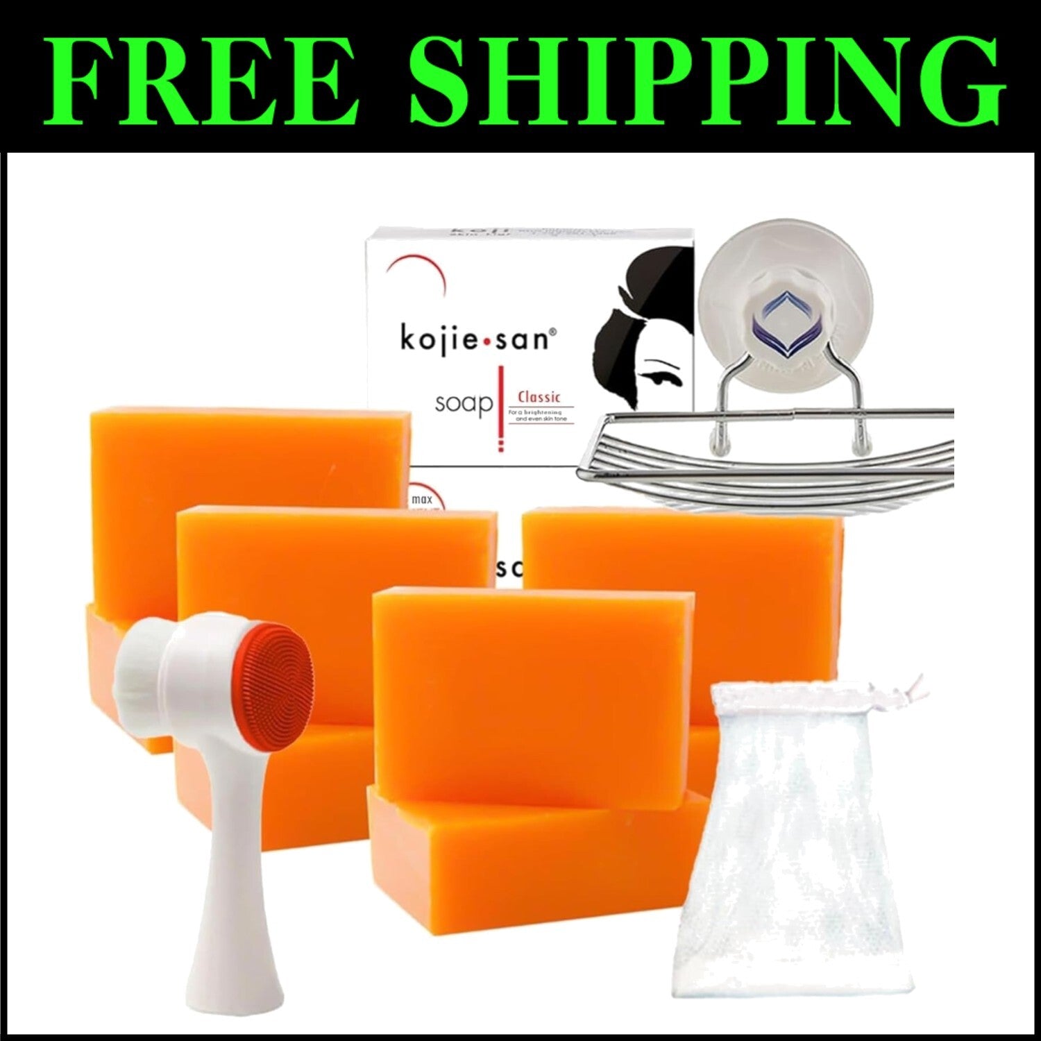 Fresh Orange Scent Original Kojic Acid Shower Set - 65g Bars + Soap Accessories