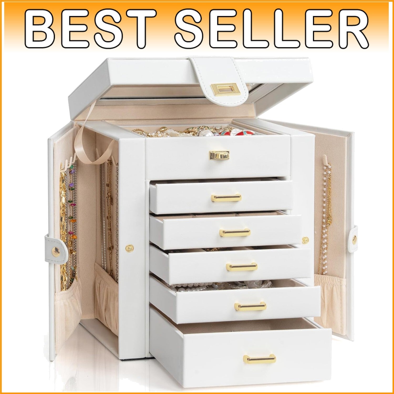 Stylish White Jewelry Box with 5 Drawers & Mirror - Ideal for Rings & Necklaces