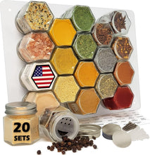 Load image into Gallery viewer, Magnetic Airtight Spice Jar Set - 20 Hexagonal Glass Containers with Labels