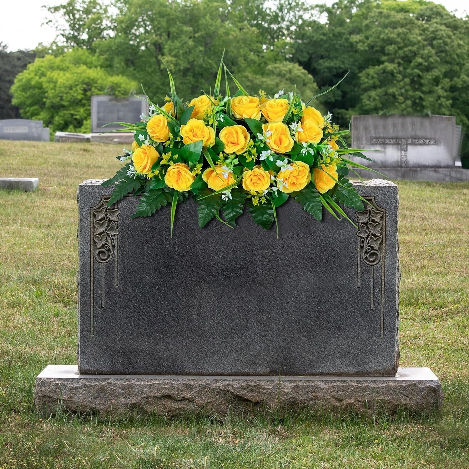 Vibrant Yellow Rose Cemetery Flower Saddle - Weather Resistant Outdoor Decor