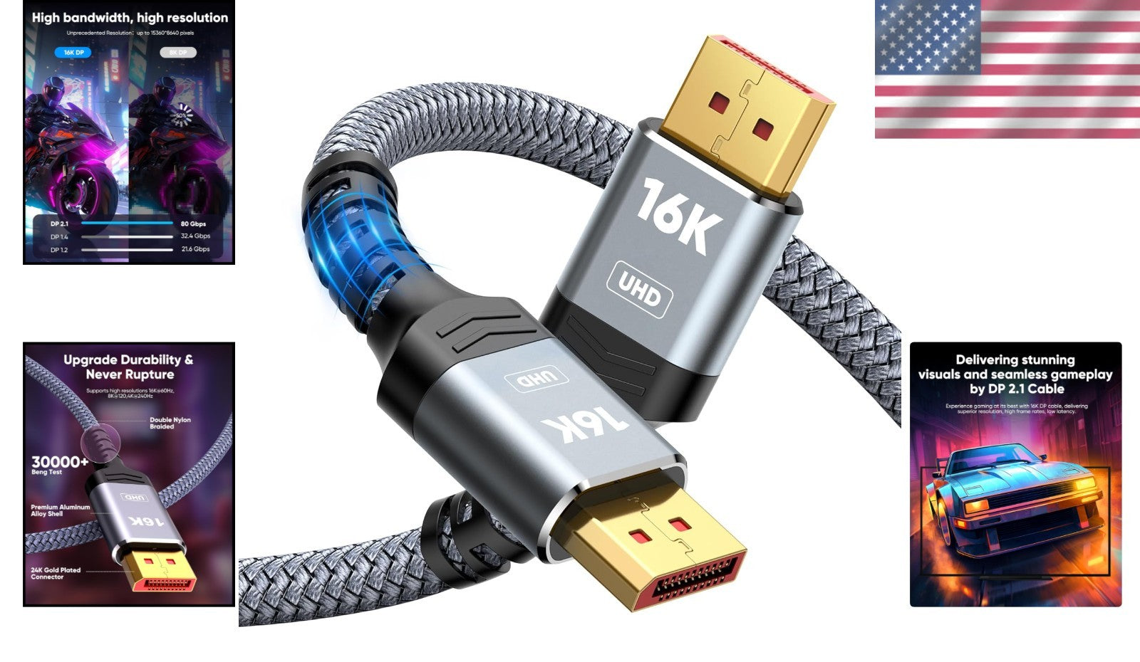 15FT DisplayPort 2.1 Cable - 54Gbps, 16K@60Hz, Braided with Anti-Interference