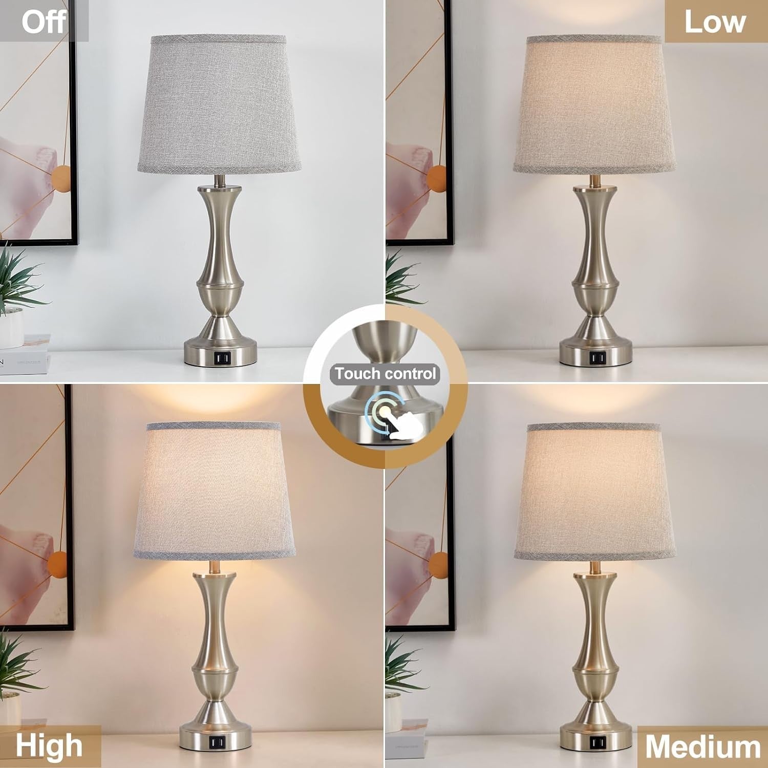 Elegant 22" Table Lamps Set with Touch Control and USB Charging - Silver & Grey