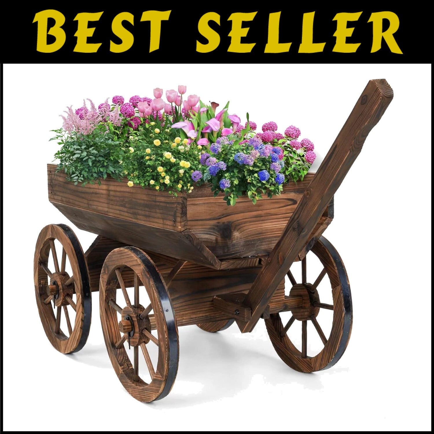 Adjustable Wooden Garden Cart with Wheels for Charming Outdoor Flower Display
