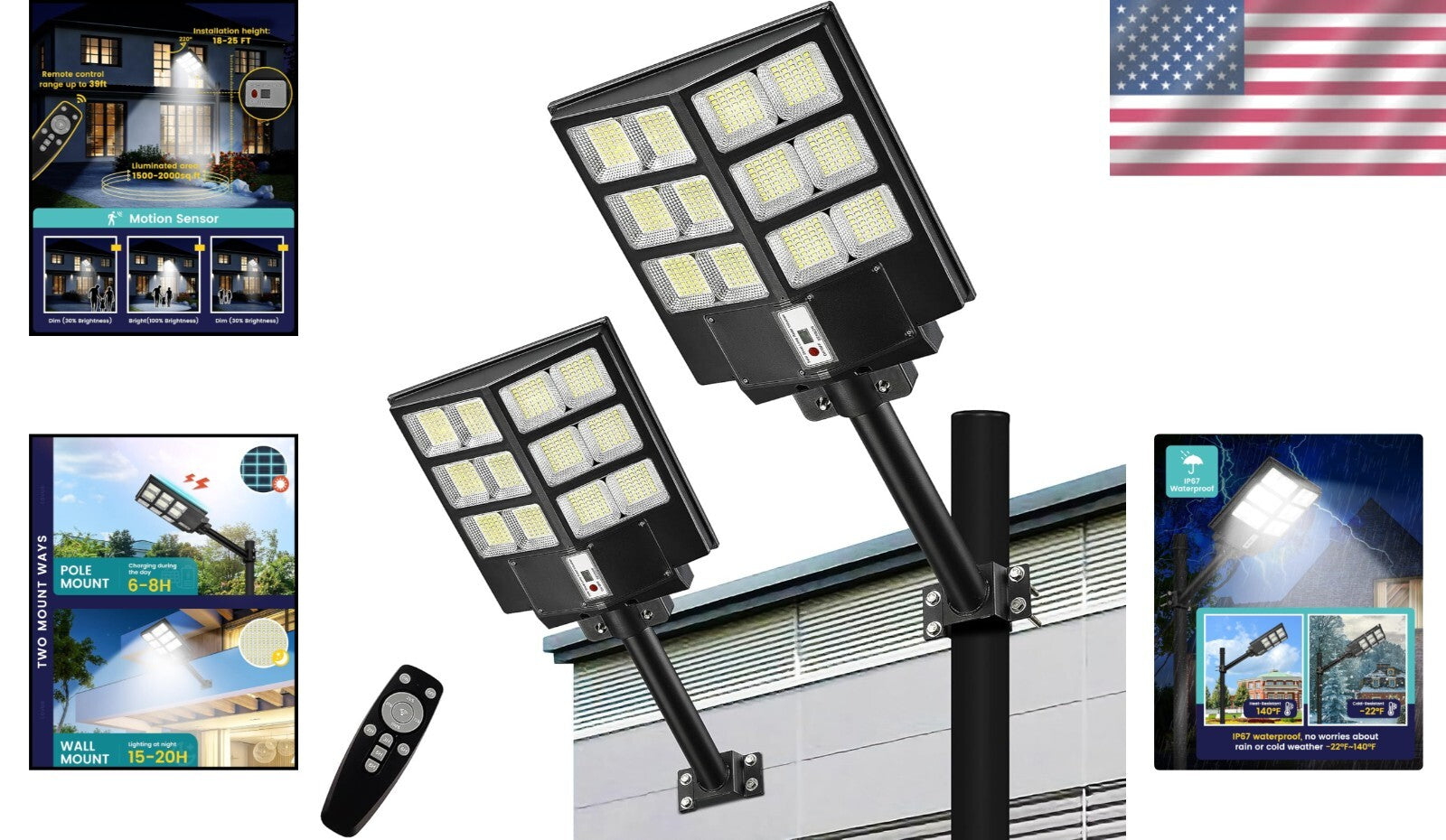IP67 Waterproof 3200W Solar Security Lights - 2-Pack Motion Sensor Flood Lights