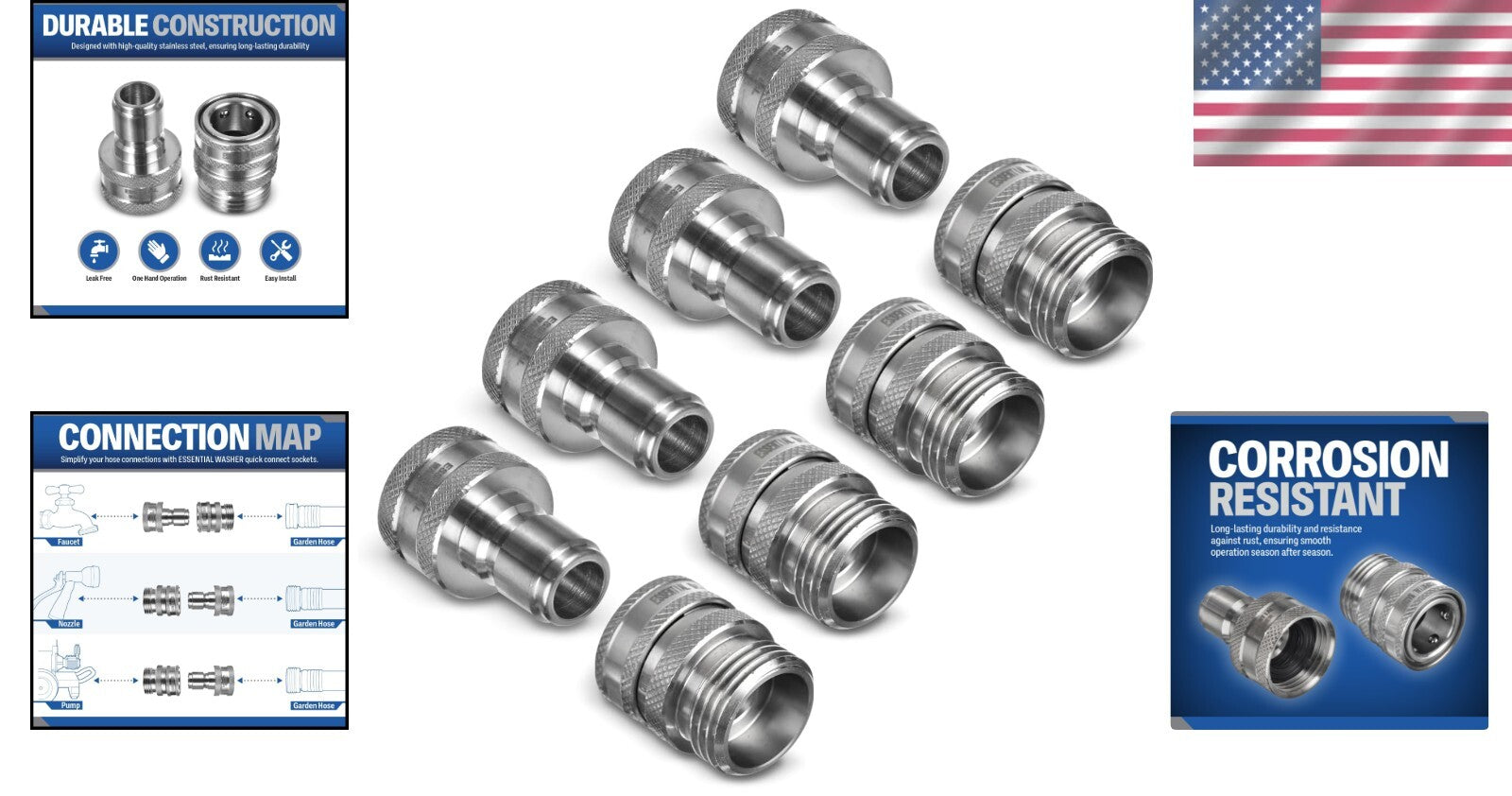 304 Stainless Steel Quick Connect Garden Hose Fittings Set - One Hand Operation