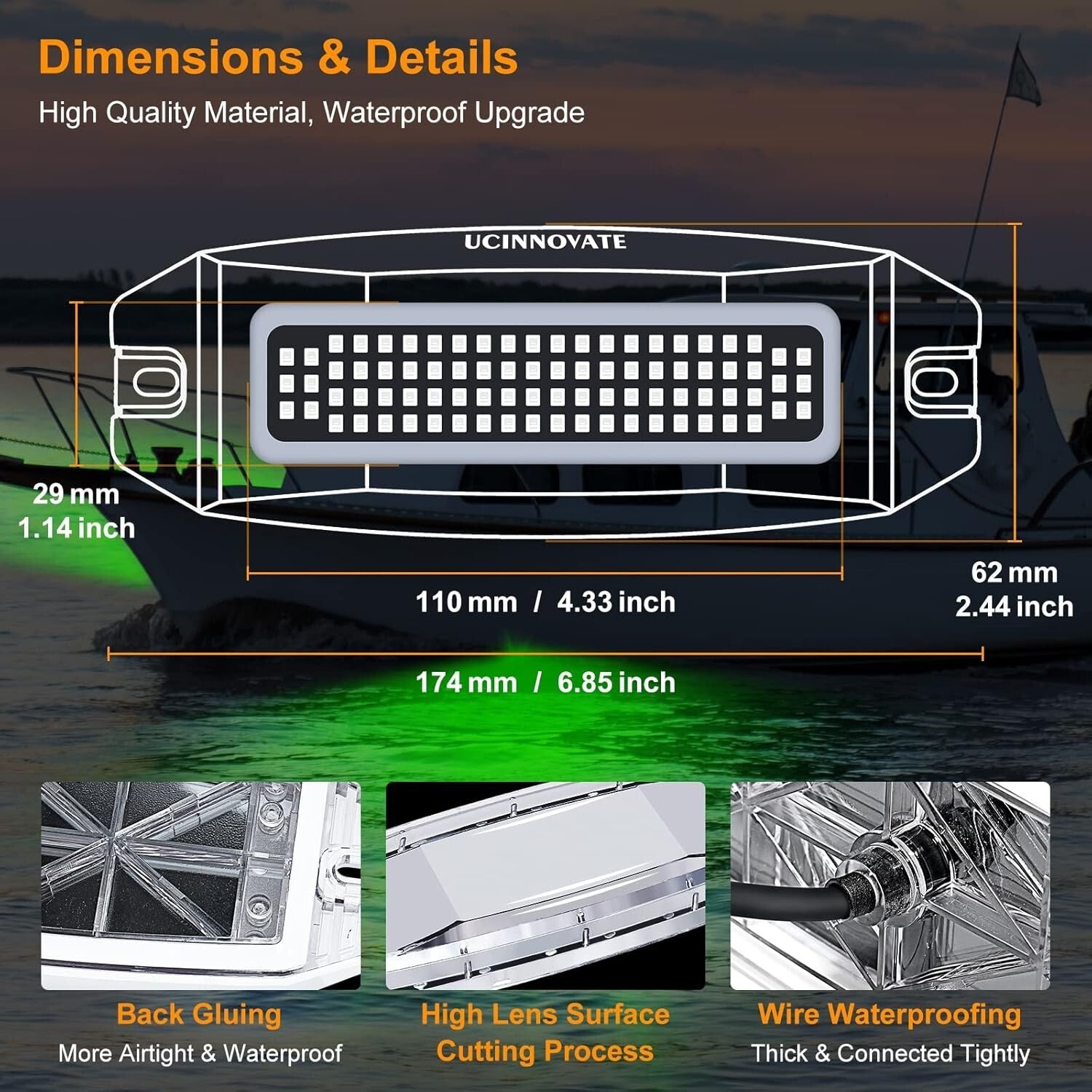 2-Pack 6.9" Waterproof Marine LED Boat Lights - 3000LM Underwater Green Beams