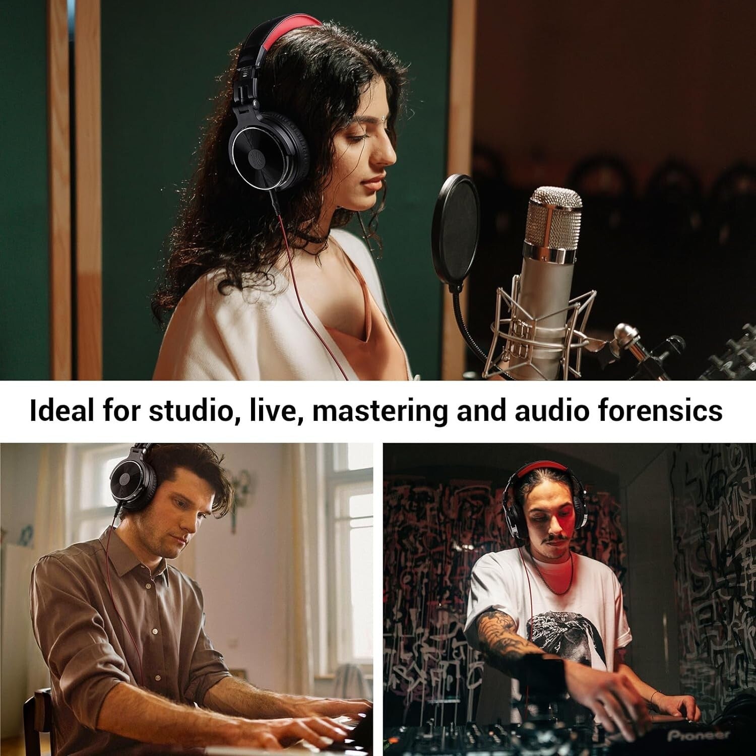 Dynamic Bass Over-Ear Studio Headphones with 50mm Drivers & Dual Jacks - Red