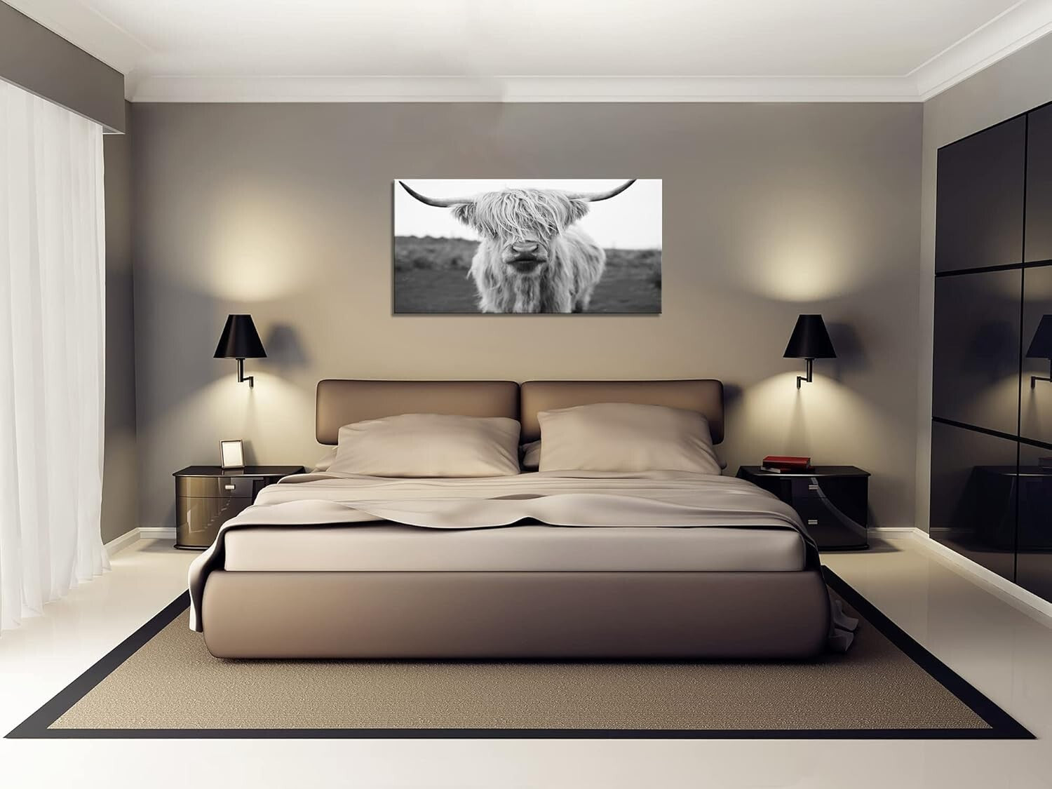 Elegant HC3650 Highland Cow Canvas Art - Black & White Wall Decor 20x40in