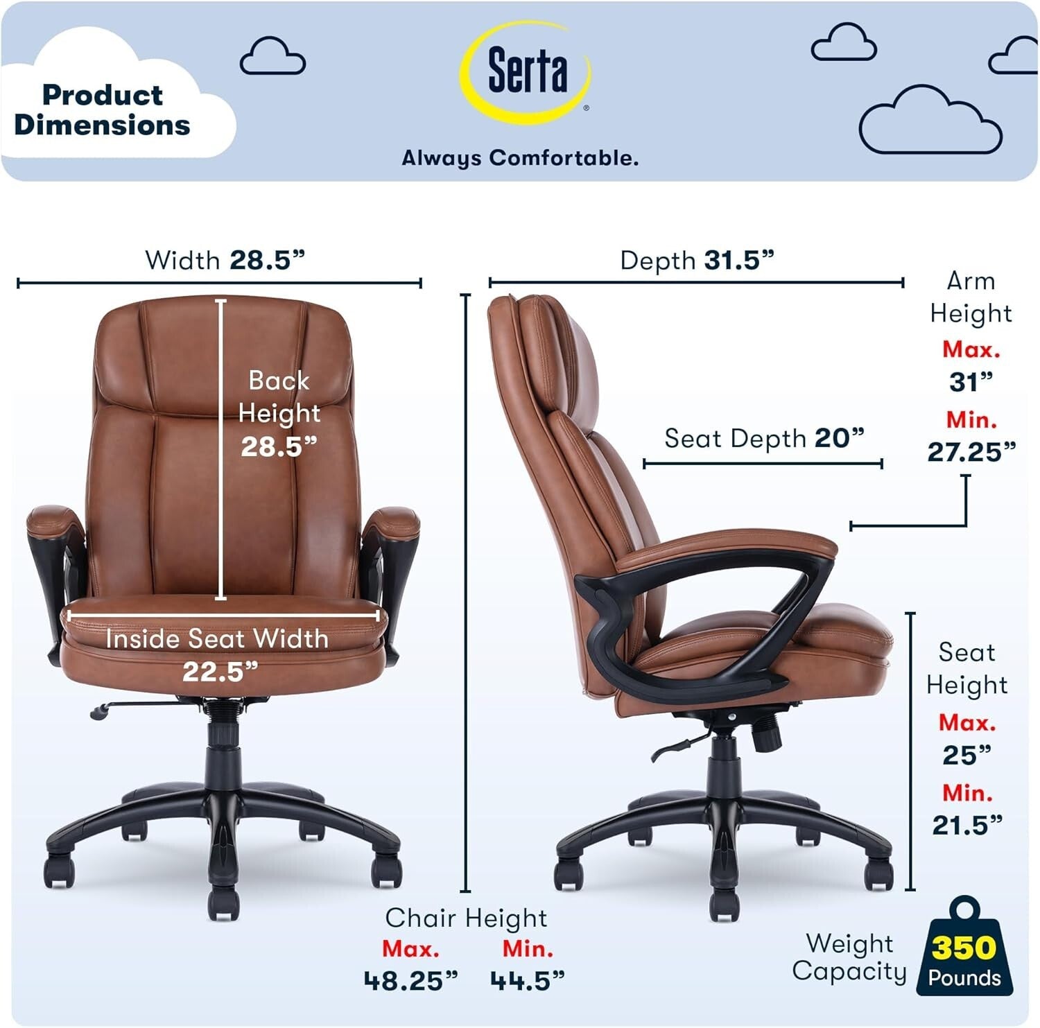Cognac Executive Chair for Big and Tall - Adjustable Height & Neck Support