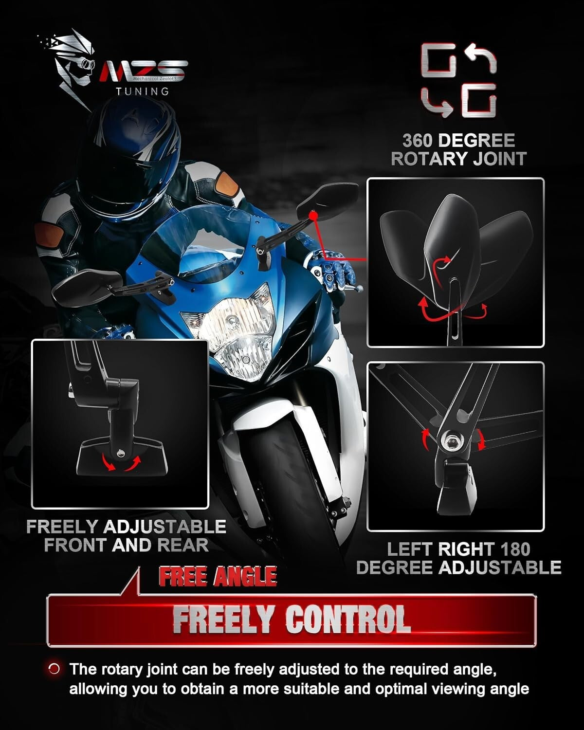 Durable Aluminum Motorcycle Mirrors with Convex Lens & Blind Spot Elimination