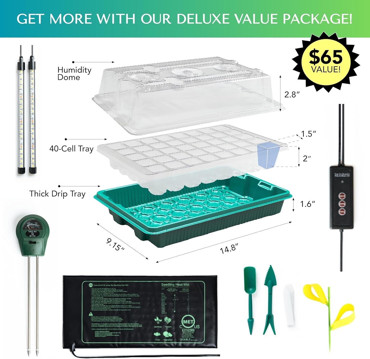 Advanced Seed Starter Tray with Heat Mat, Soil Meter & Gnat Traps - Indoor Use