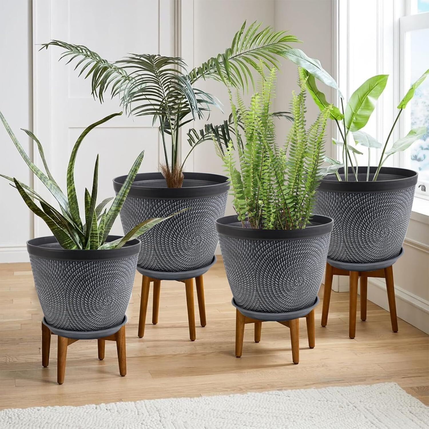 15-Inch Stylish Gray Planters with Trays - Perfect for Indoor & Outdoor Plants