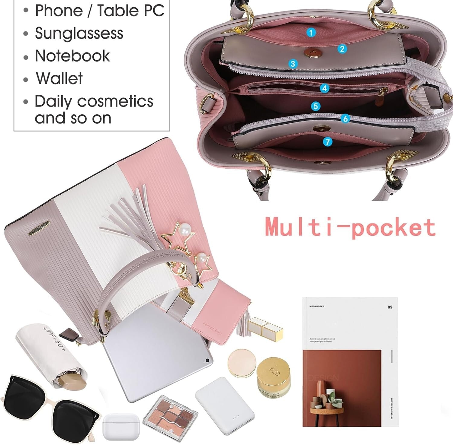 Versatile Women's Designer Satchel Bag with Detachable Strap & 8 Pockets