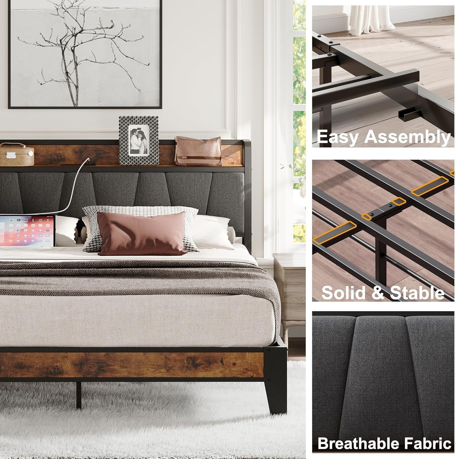 King Size Bed Frame with Storage Headboard & Charging Station - Easy Assembly