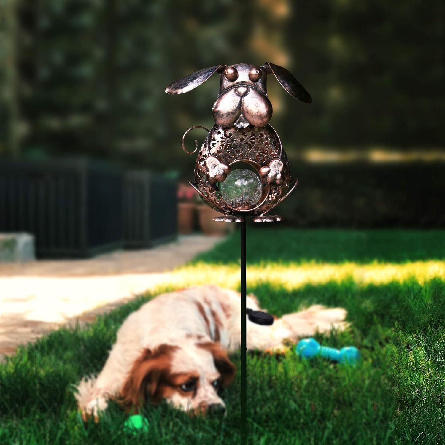 Easy Install Dog Bronze Solar Outdoor Light with Crackle Glass - IP44 Waterproof