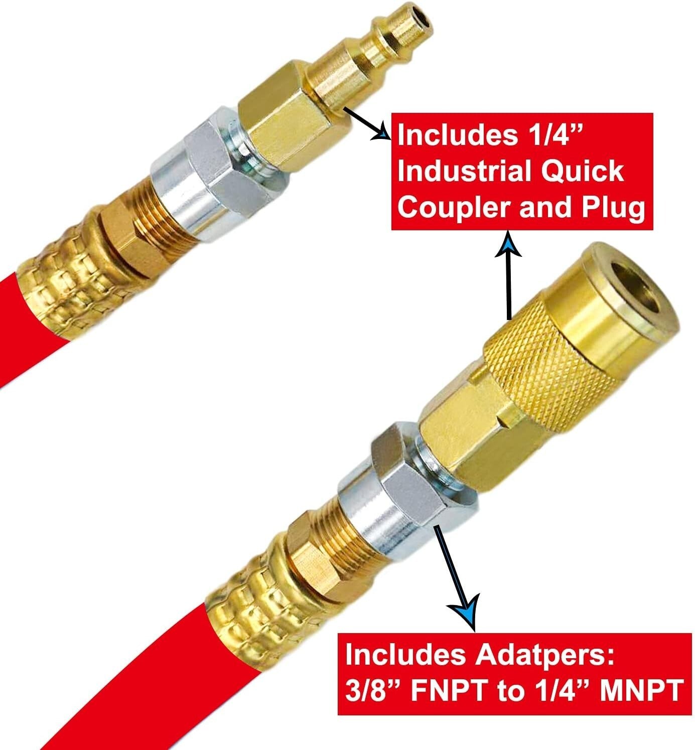 1/2" x 25ft Heavy Duty Air Hose with Solid Brass Fittings - 300 PSI Flexibility