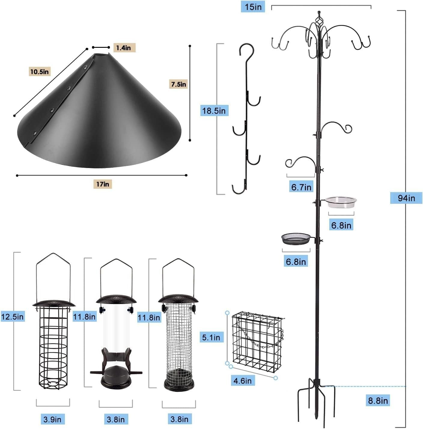Attractive Bird Feeding Station Kit with Adjustable Hooks & Squirrel Baffle