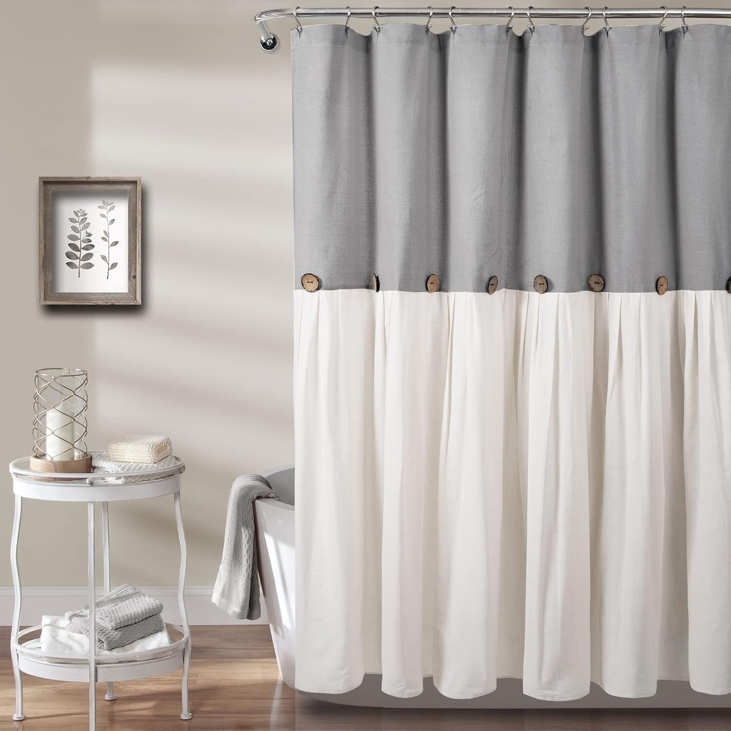 Farmhouse Style Shower Curtain with Coconut Buttons, 72"W x 78"L - Rustic Appeal