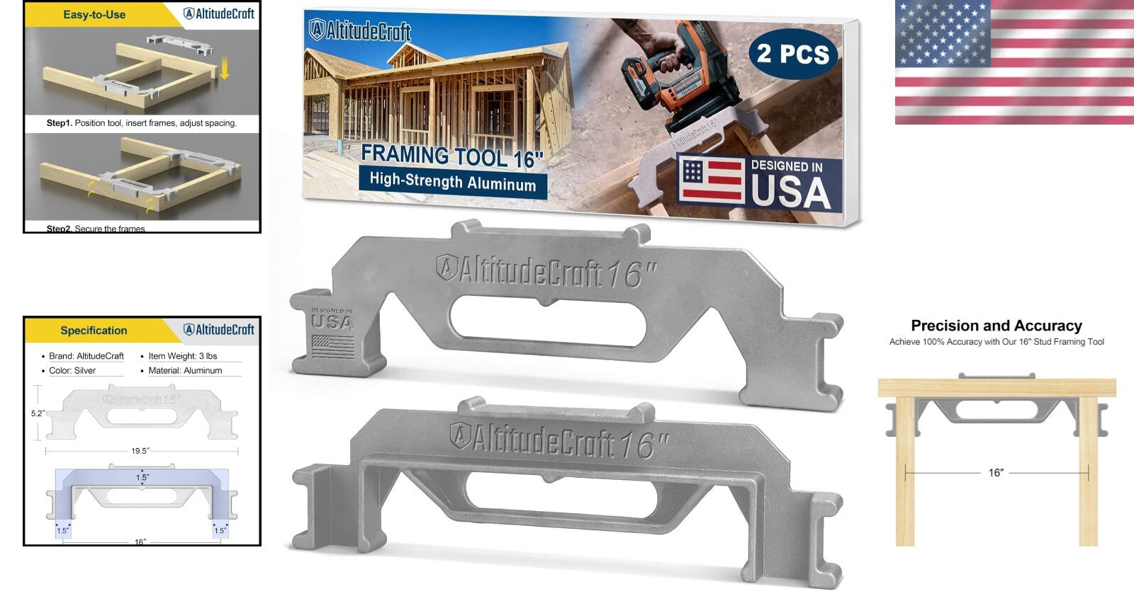 16-Inch Precision Framing Jig - 2-Piece Stud Layout Tool for Quick Measurements