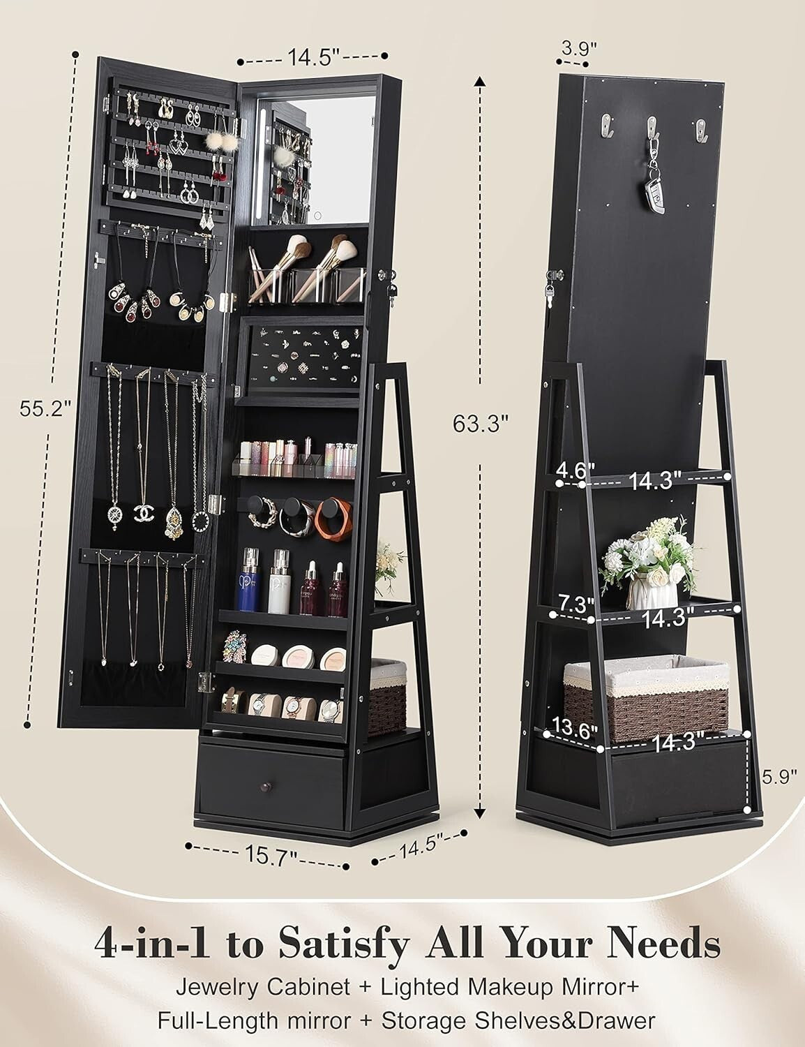 360° Swivel Jewelry Cabinet with Touch Screen Mirror - Elegant Storage Solution