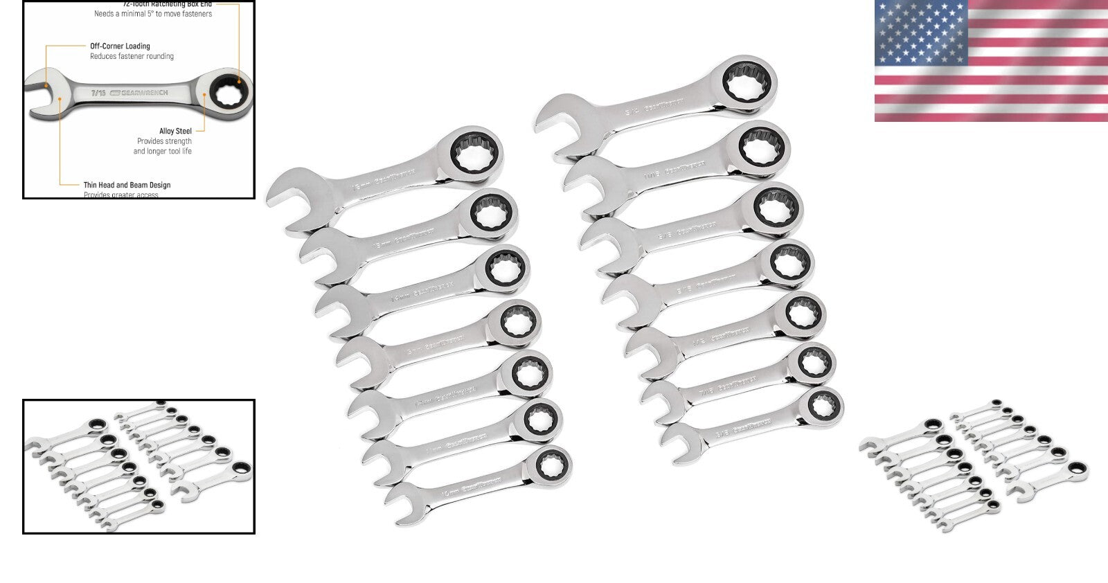 Professional 14 Pc. Stubby Ratcheting Wrench Set - Enhanced Grip & Access
