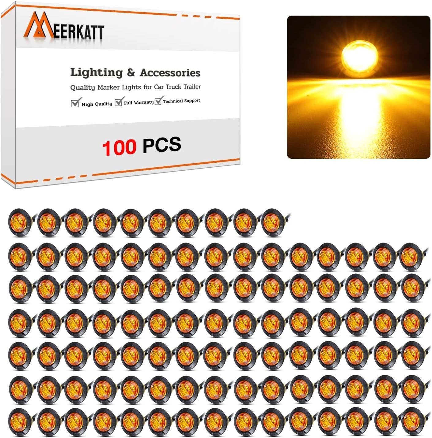 100 Pcs Amber 3/4 Inch LED Side Marker Lights for Trucks & Trailers - Waterproof