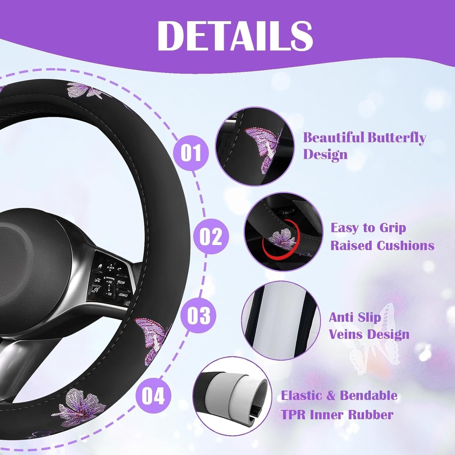Elegant Purple Car Mats and Butterfly Steering Wheel Set - Easy Installation