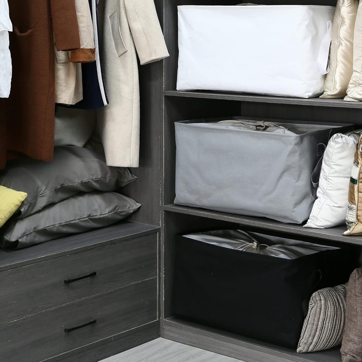 White 102L Storage Bins with Drawstring Covers - Versatile Closet Organizers