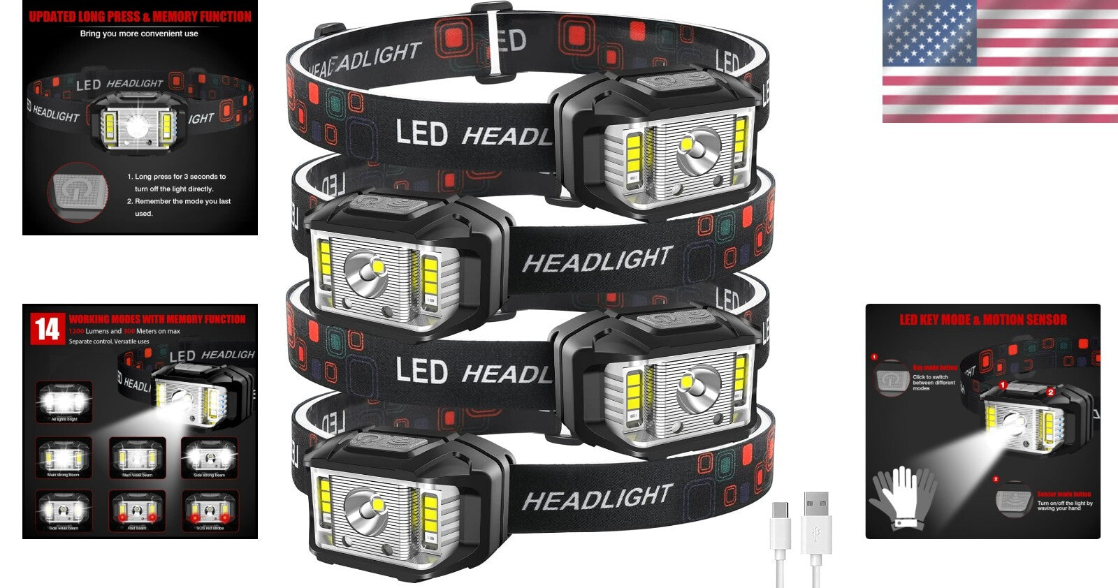 1200 Lumen Motion Sensor Rechargeable Headlamp - 4 Pack, Waterproof & Lightwe...