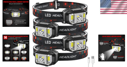 1200 Lumen Motion Sensor Rechargeable Headlamp - 4 Pack, Waterproof & Lightwe...