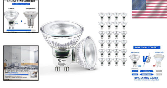 Energy-Saving 24 Pack GU10 Dimmable LED Light Bulbs - 5.5W, 25,000 Hour Lifespan