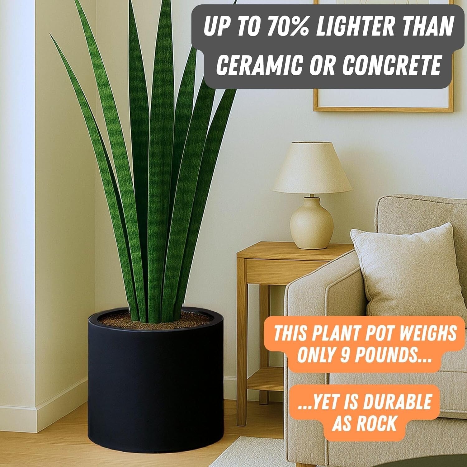 14.6 Inch XL Matte Black Fiberstone Planter with Drainage for Indoor/Outdoor
