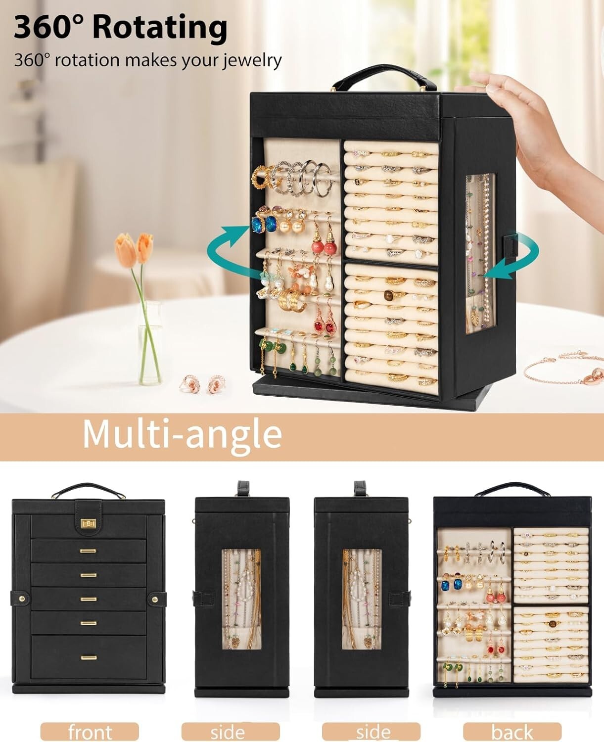 Elegant 360° Rotating Jewelry Box - 6-Tier Organizer with Large Mirror