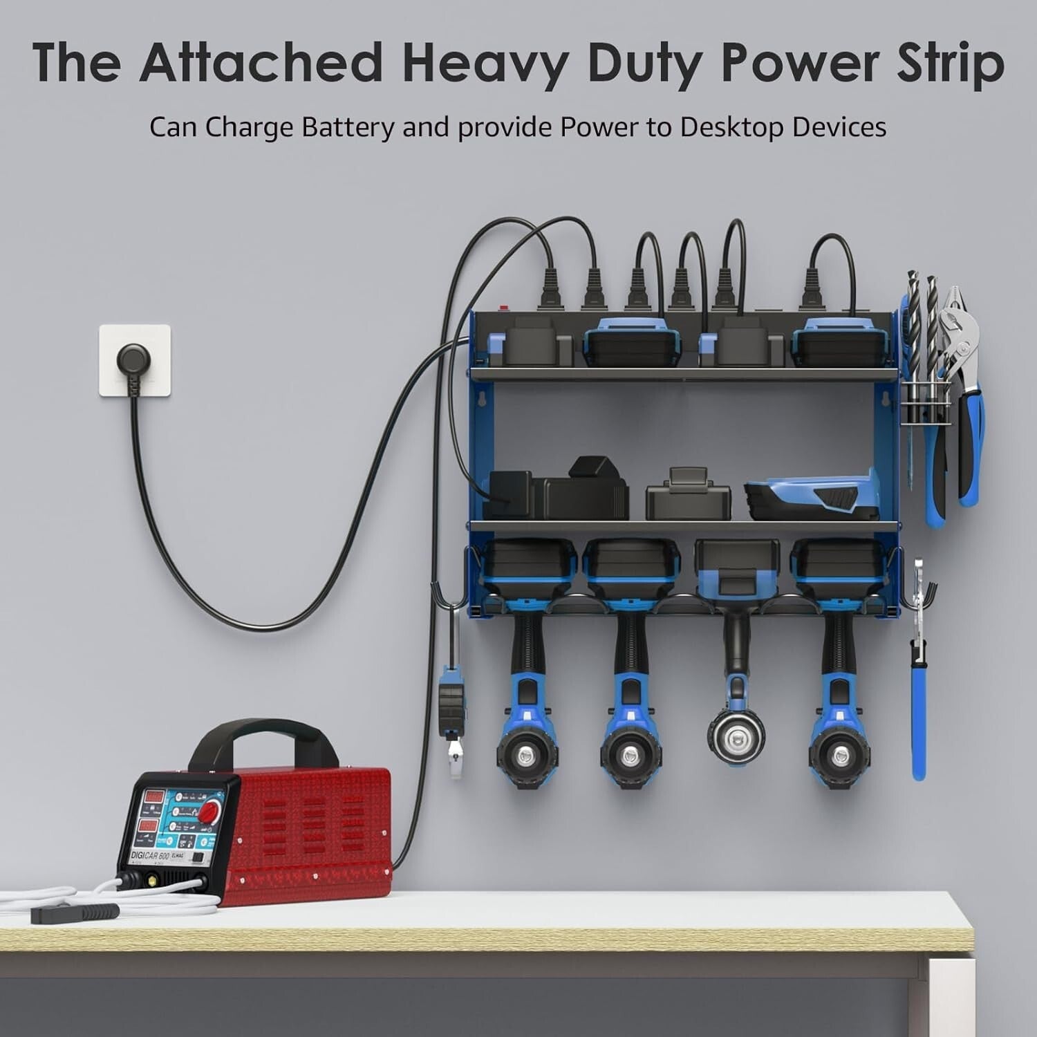 Efficient Garage Organizer: Power Tool Shelf with 8 Outlets & Drill Hook