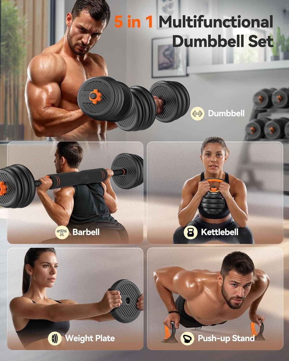 5-in-1 Adjustable Dumbbell Set: Versatile 20/30/40/45/70/90lbs Fitness Equipment