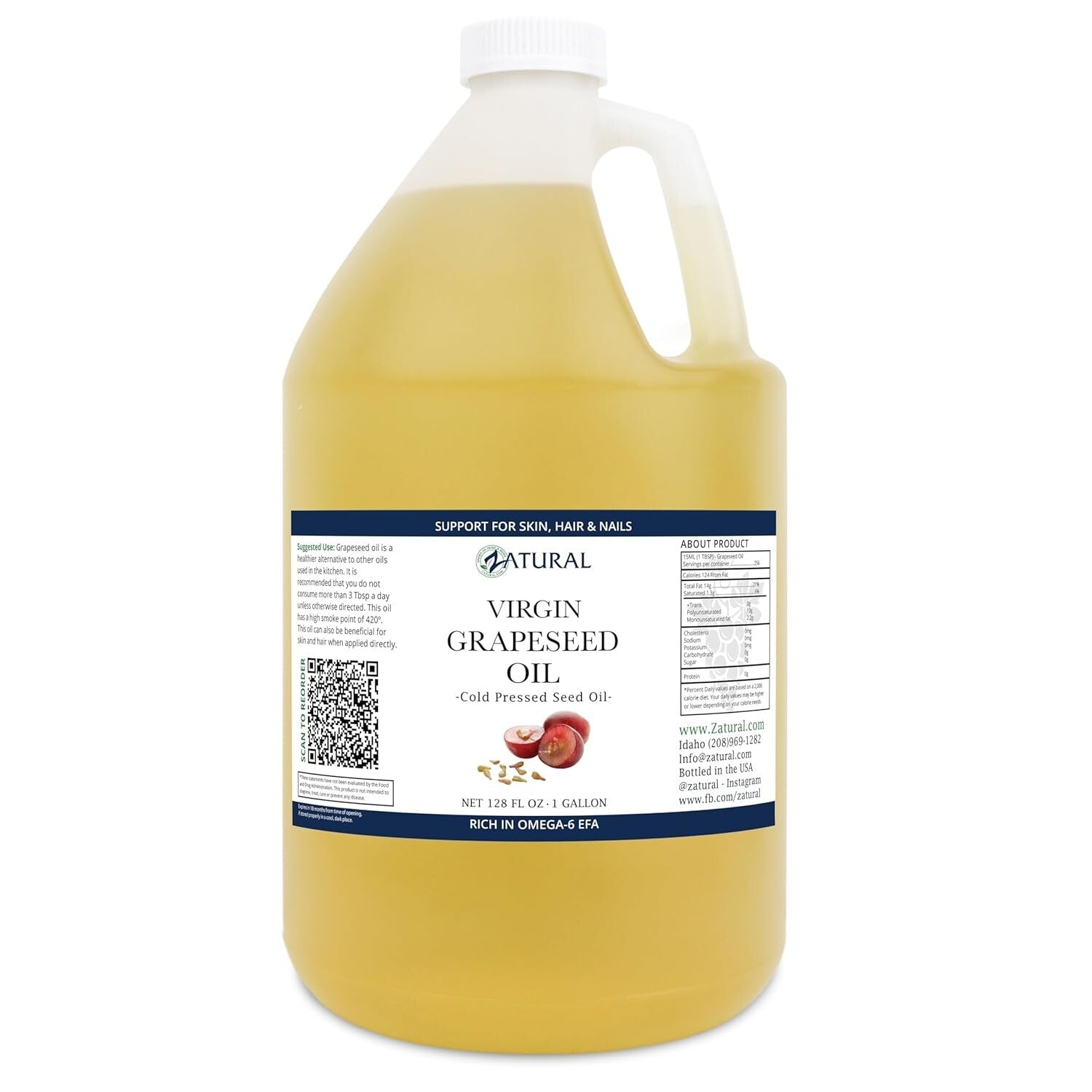 Antioxidant-Rich Cold Pressed Grapeseed Oil for Cooking & Skin Care, 1 Gallon