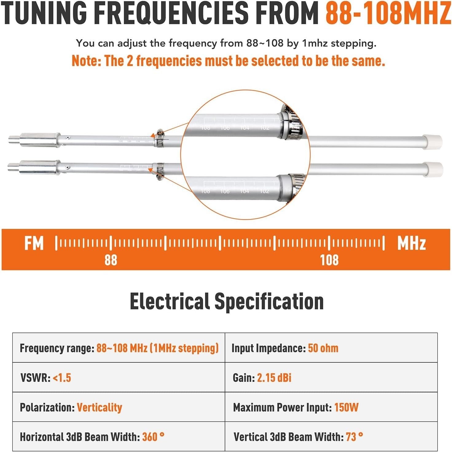 150W Outdoor FM Dipole Antenna – High Gain, Corrosion-Resistant for 87-108MHz