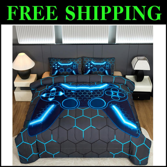 Vibrant Blue Game Controller Comforter Set - 3-Piece All-Season Bedding