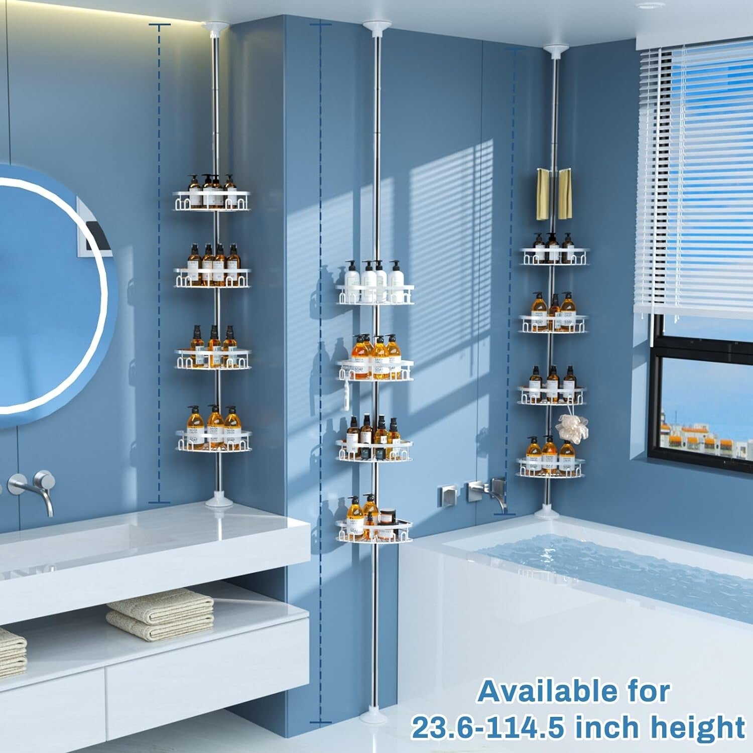 Stainless Steel Shower Corner Shelf with Adjustable Height & Towel Bar - Silver