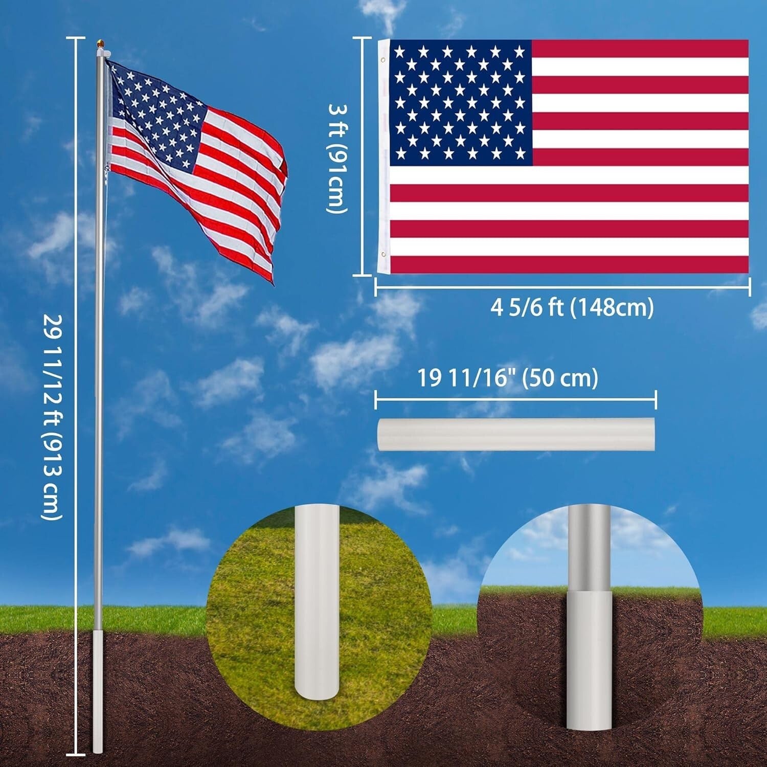 Durable 30FT Aluminum Flagpole with 3'x5' American Flag - Fly 2 Flags Easily