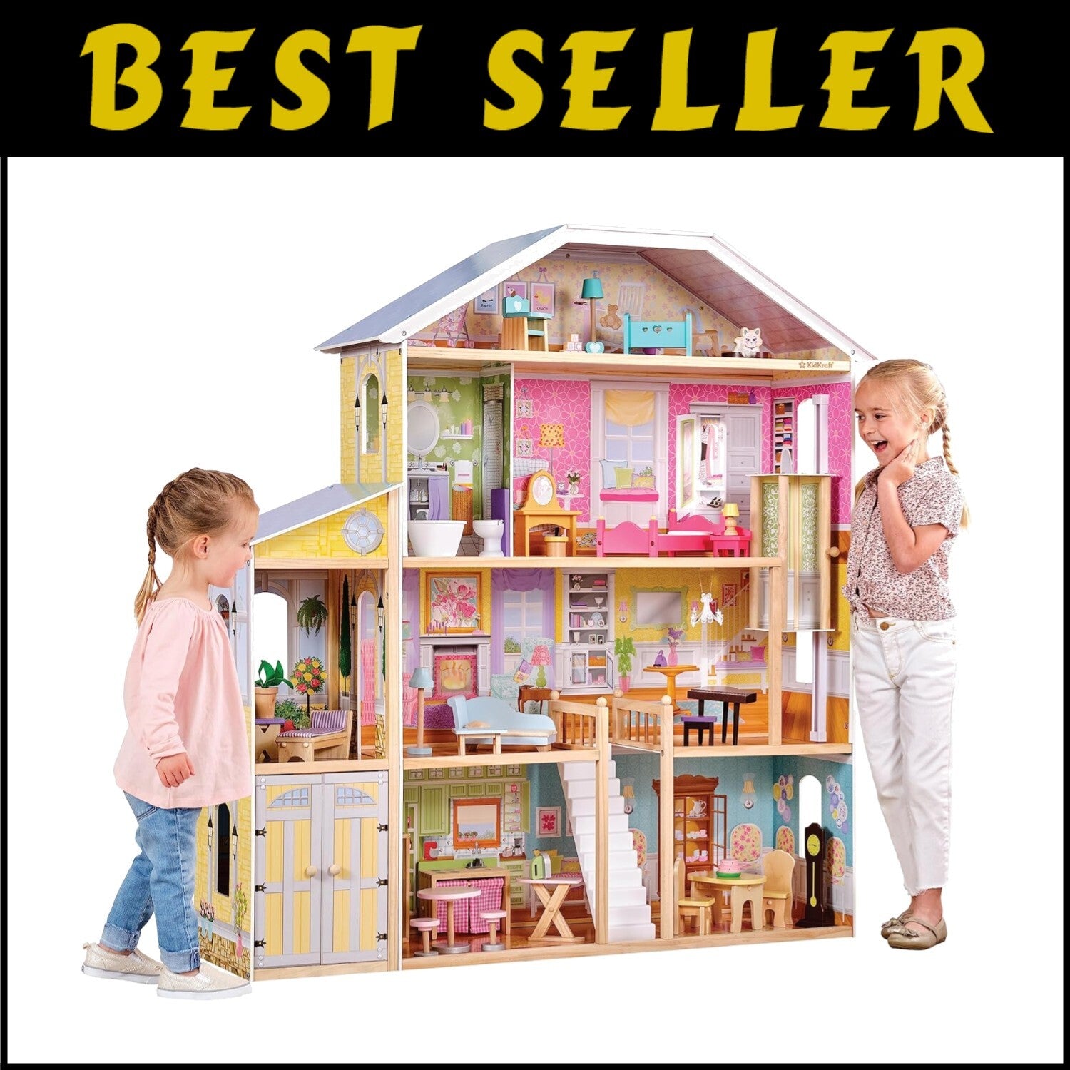 Majestic Wooden Dollhouse with Working Elevator & Fully Furnished, Ages 3+
