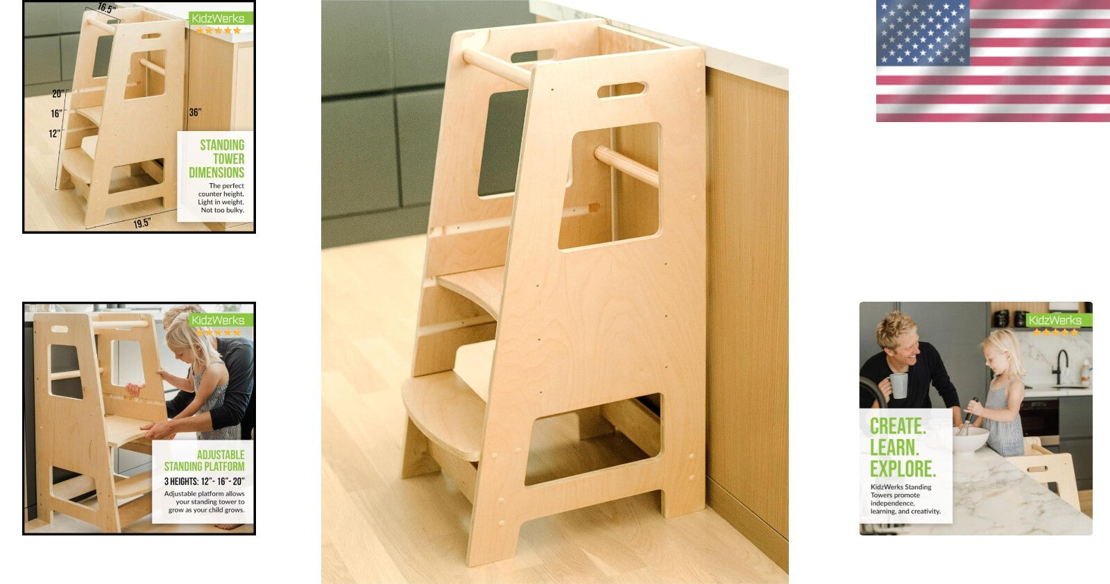 Adjustable Toddler Kitchen Step Stool - Child Standing Tower in Natural Wood