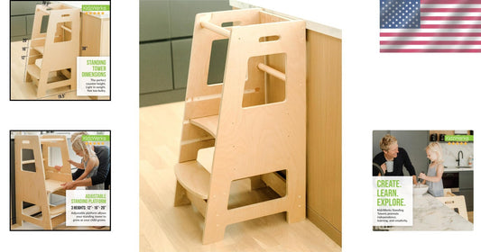 Adjustable Toddler Kitchen Step Stool - Child Standing Tower in Natural Wood
