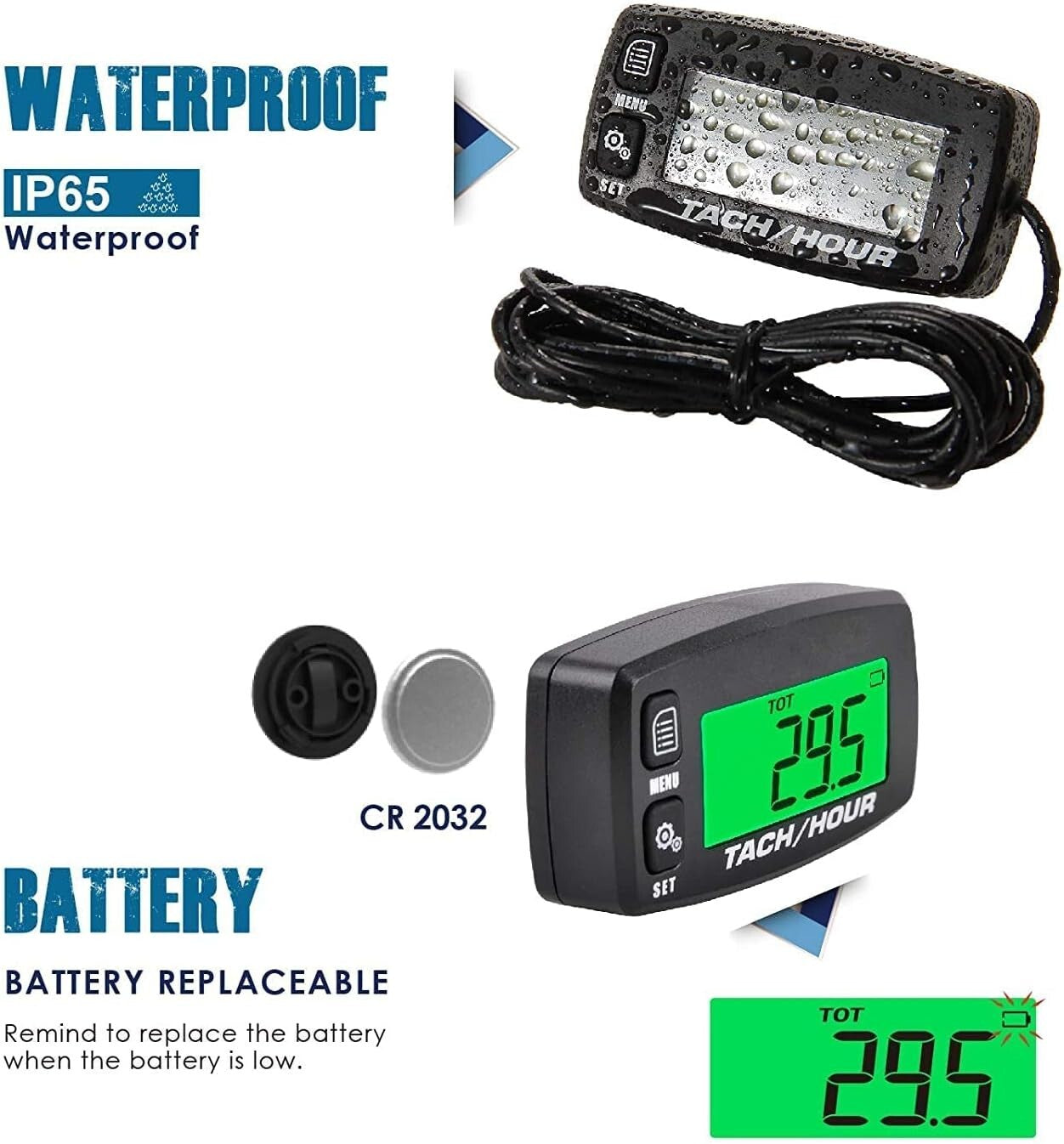 Dual Digital Hour Meter & RPM Reader - Essential for Lawn Tractors & Generators