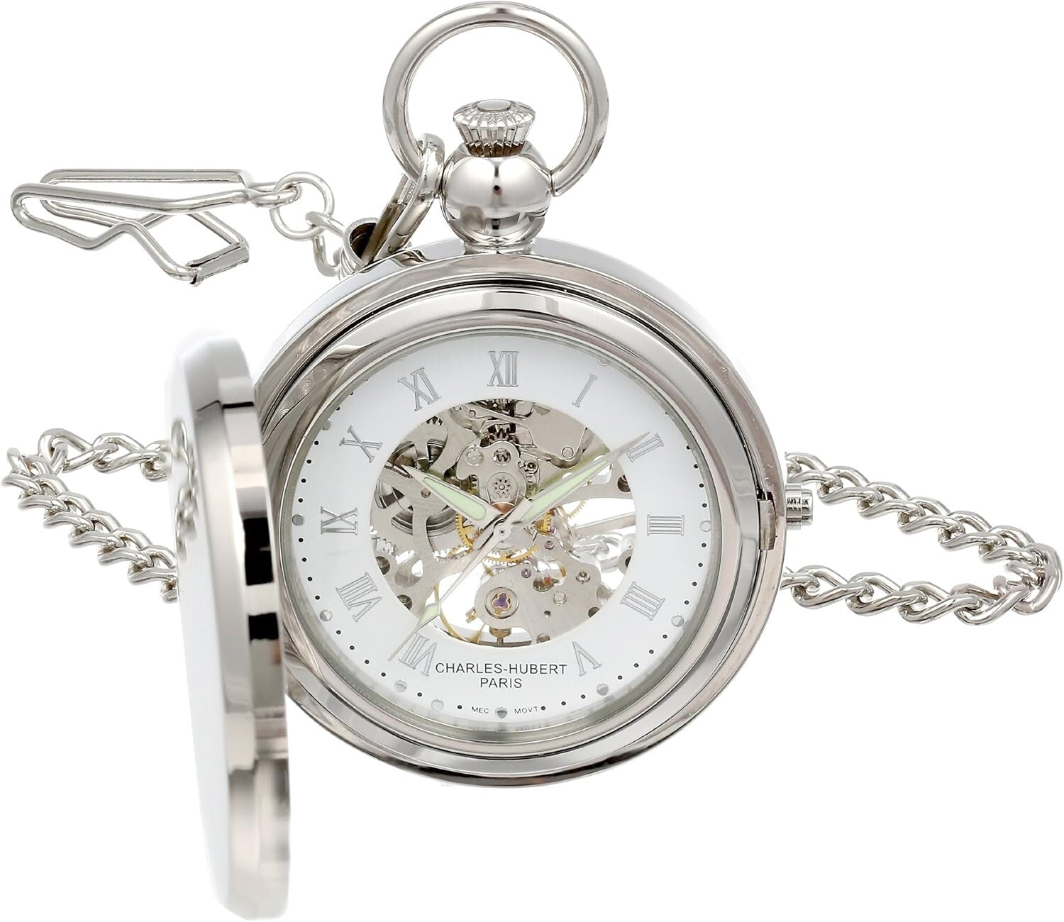 Luxury Chrome Finish 48mm Mechanical Pocket Watch with Photo Insert