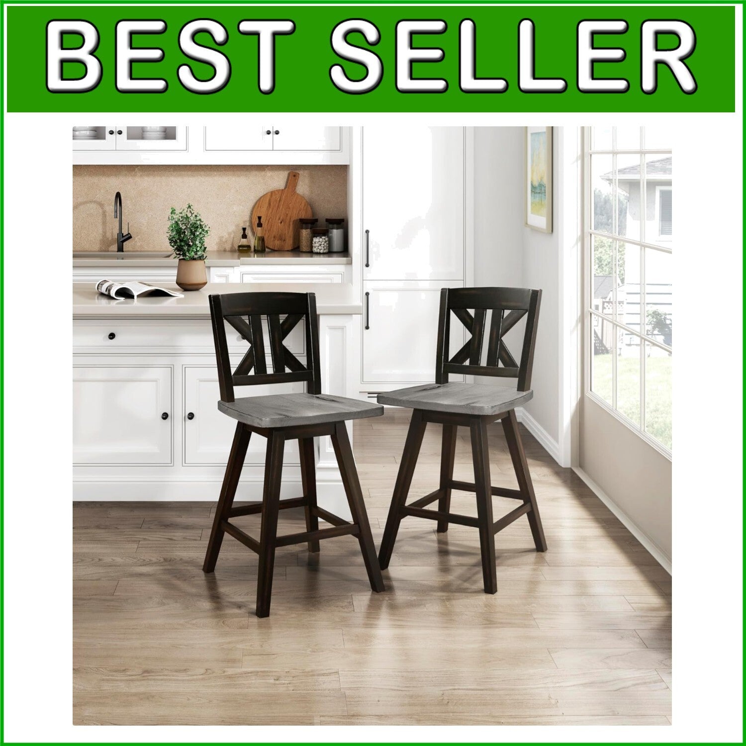 Elegant Black X-Back Swivel Bar Stools - Counter Height Set of 2 for Kitchen