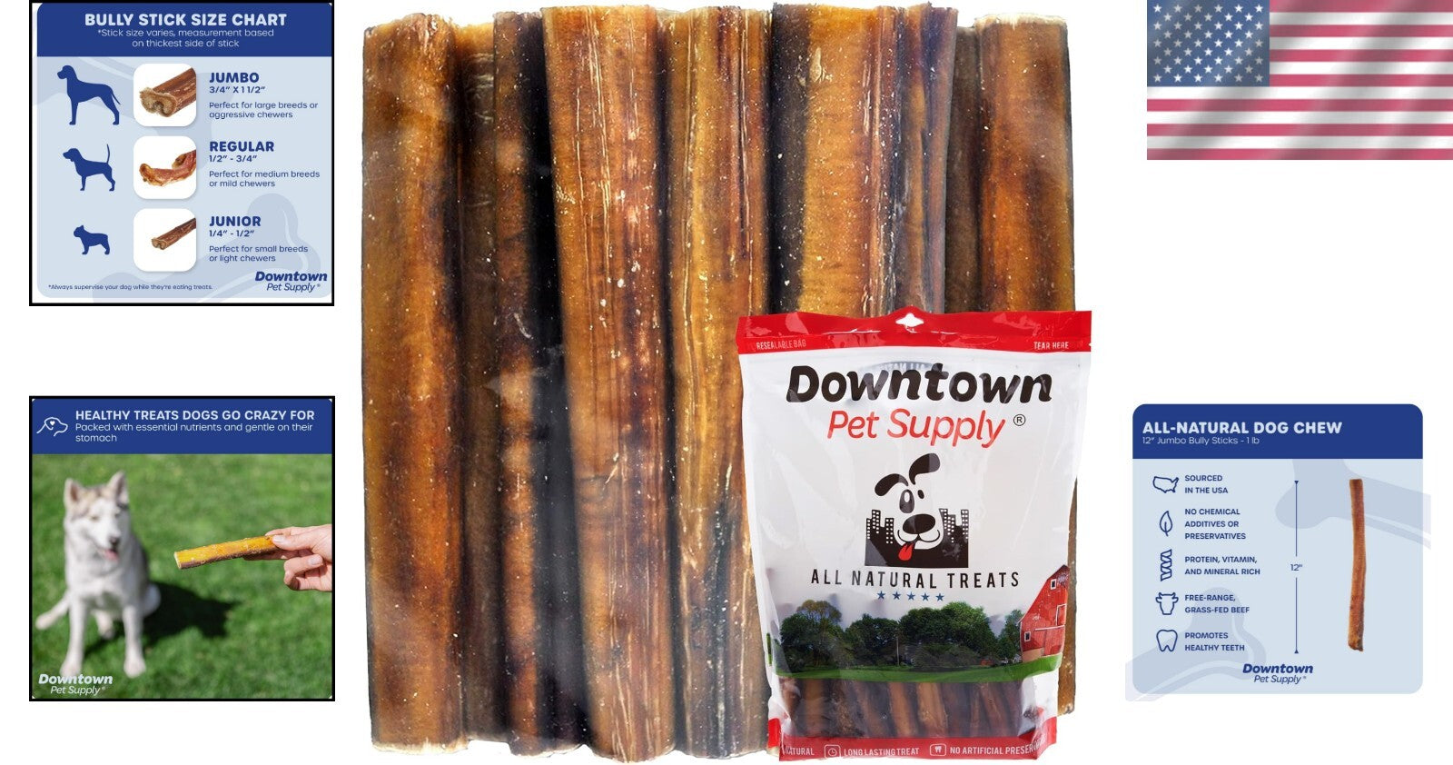 Natural 12 Inch Bully Stick Chews for Dogs - Grain-Free, Low Odor, 1 lb. Pack
